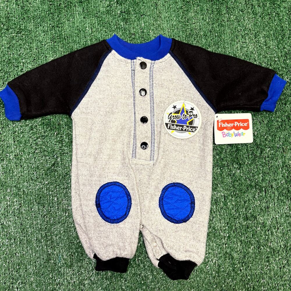 Vintage 90s Fisher-Price Romper Size 6 Months Gray Black Blue Grow to Pro